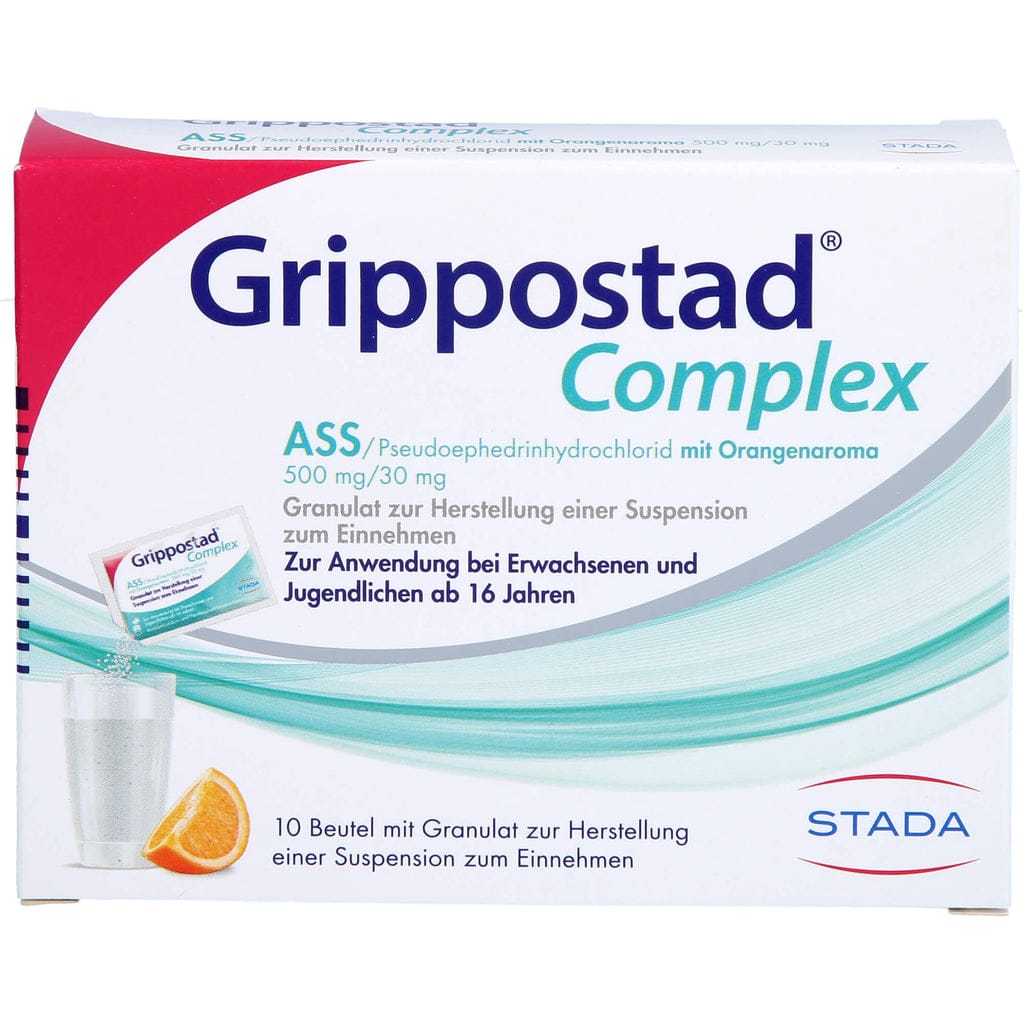 Купите гранулы Grippostad Complex ASS / Псевдоэфедрин Гидроцемент с ароматом апельсина для лечения простуды, боли и лихорадки, связанных с простудой, 10 шт., онлайн.